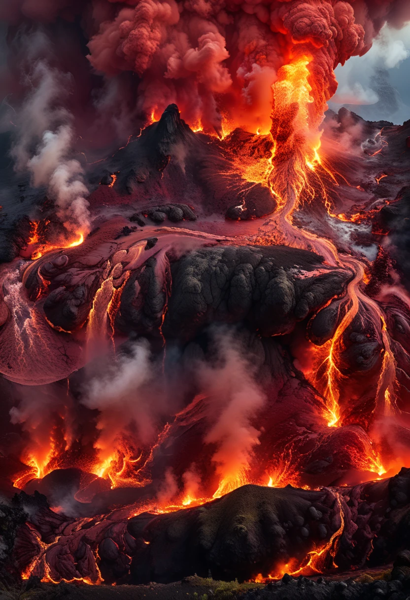 detailed volcanic eruption, massive eruption, volcanic landscape, fiery lava, billowing smoke, dramatic clouds, intense heat, glowing red lava, rocky terrain, molten rock, ash plumes, (best quality,4k,8k,highres,masterpiece:1.2),ultra-detailed,(realistic,photorealistic,photo-realistic:1.37),dramatic lighting, cinematic composition, vibrant colors, volumetric effects, hyperrealistic, intricate details, masterful rendering