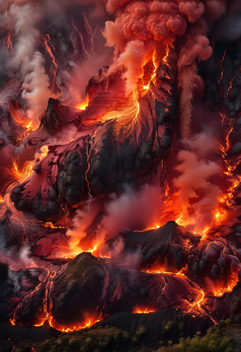 detailed volcanic eruption, massive eruption, volcanic landscape, fiery lava, billowing smoke, dramatic clouds, intense heat, glowing red lava, rocky terrain, molten rock, ash plumes, (best quality,4k,8k,highres,masterpiece:1.2),ultra-detailed,(realistic,photorealistic,photo-realistic:1.37),dramatic lighting, cinematic composition, vibrant colors, volumetric effects, hyperrealistic, intricate details, masterful rendering