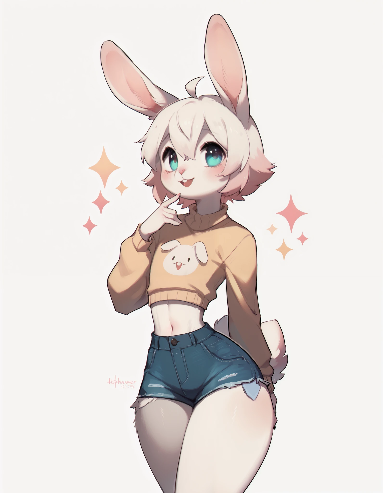 4RCH0N, score_9,score_8_up, score_7_up, Best quality , Very detailed illustration, (Anthropomorphic furry rabbit boy:1,7) , tousled voluminous hair, Playful look, Slim, ideal body, thin waist, wide hips, Simple drawing, Artifyber style, pastel flat colors, Cute, cartoon, sweater, short shorts