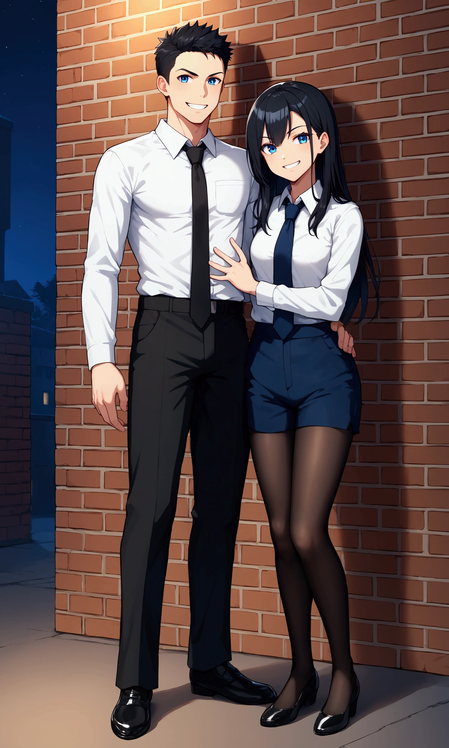 Black hair, at full height, black tights, shorts, white shirt, tie, brazen look, grin, brick wall, night, chain in hand, Blue eyes