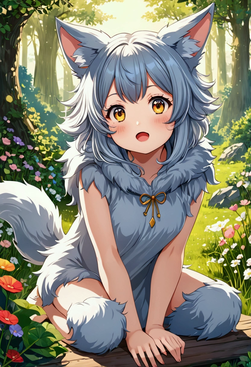 best quality,best resolution,(fluffy anthro furry :1.6),(young :1.8),snow leopard girl,flat chest,(light grey hair),long hair,wavy hair,blue eyes,glistering eyes,sparkle eyes,(light grey fur),(light grey leopard ears),(light grey leopard tail),(black leopard printed fur :1.5),naked,night,fullmoon,moonlight,white light,(white florals forest),(white flower field),(glistering white flowers pool),white flowers embroidery,heavy breath,full face blush,looking back,back viee,(heart expression eyes),(heart eyes),shy face,smile,kneeling in water,smile