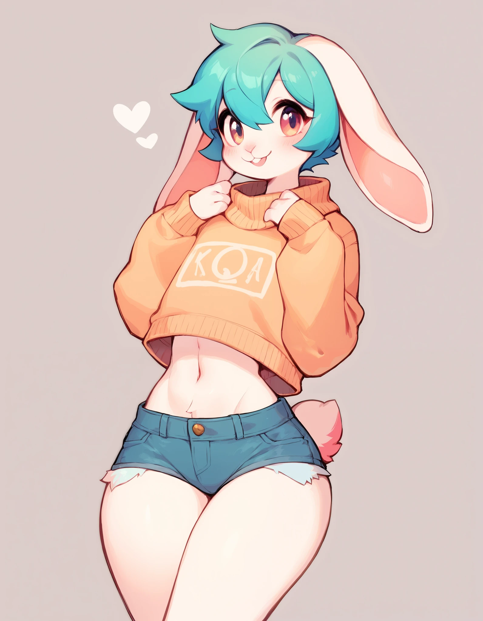 by rikose, rikose, score_9,score_8_up, score_7_up, Best quality , Very detailed illustration, (Anthropomorphic furry rabbit boy:1,7) , tousled voluminous hair, Playful look, Slim, ideal body, thin waist, wide hips, Simple drawing, Artifyber style, pastel flat colors, Cute, cartoon, sweater, short shorts