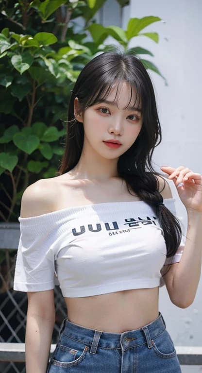  20-year-old Korean female , White jade skin,  natural features,  Korean idol, Upper body angle , Outdoor,  trendy hairstyle ,  off-shoulder cropped tee , Beautiful belly button,  super high resolution with two hands