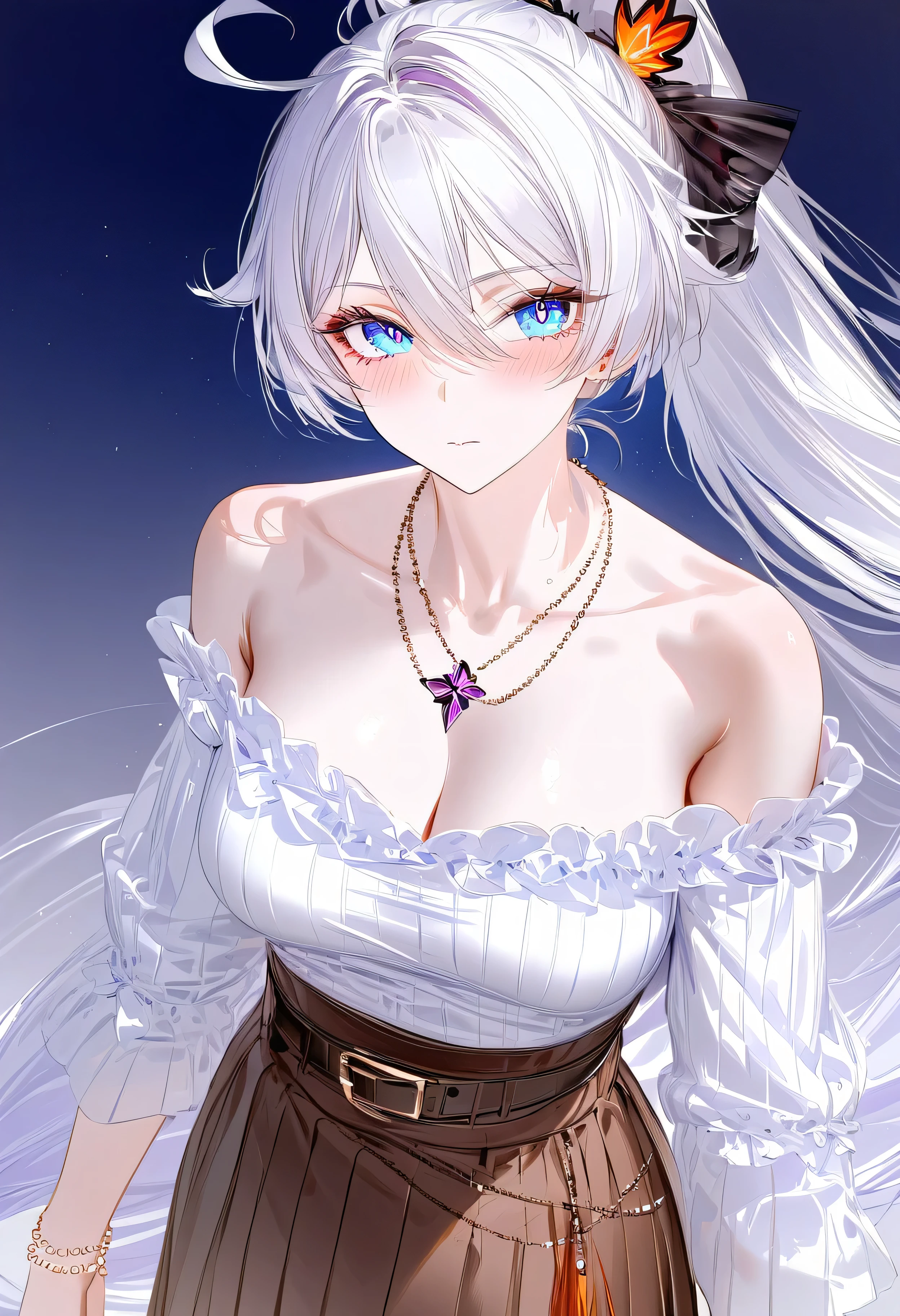 RAR, score_9, score_8_up, score_7_up, masterpiece, best quality, absurdres, vibrant, highly detailed, 1girl, adult grown woman, kiana kaslana \(honkai impact 3rd\), herrscher of finality, white hair, ahoge, ponytail, very long hair, blue eyes, symbol-shaped pupils, blush, heavy breathing, closed mouth, modern casual outfit, off-shoulder white blouse with flared sleeves, light blue asymmetrical skirt with vertical stripes, wide brown leather belt with metallic buckle, minimalist gold necklace, simple pearl bracelet, delicate and understated accessories, outdoor, night time, full moon