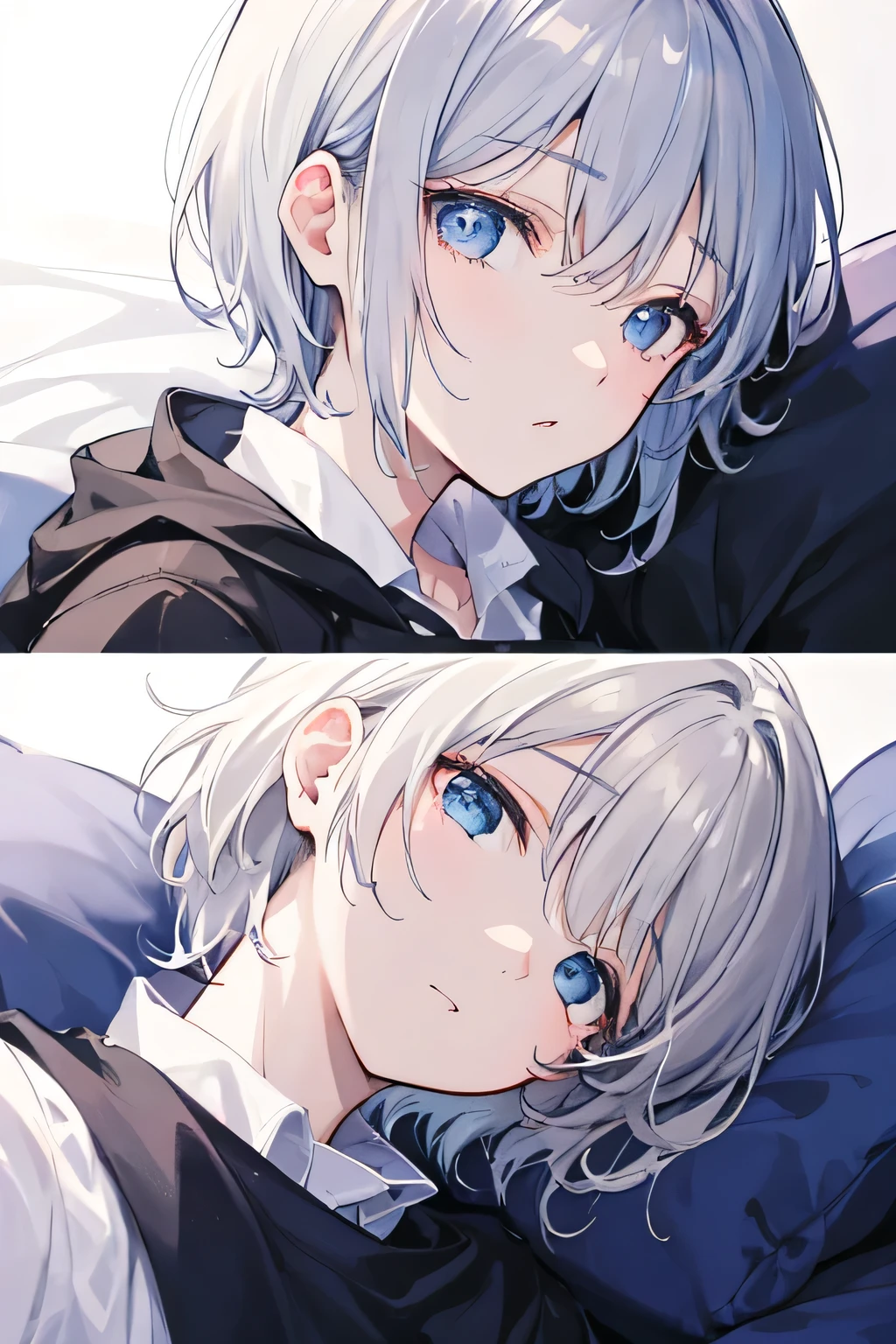 beautiful, masterpiece, Highest quality, anime, One girl, C Cup,Portrait Shot, Short Hair、nearby、Blue Eyes、art、、White hair,Blue streaked hair、hairpin、Cute恥ずかしがる、Thighs、Cute、Beautiful breasts、valley、Nipples、Large_Sweat、Nude、Lying on your back、bed、white_Sailor suit、Crucifixion、handcuffs、impatience、Sweat、gray_mini skirt、Light Blue Panties