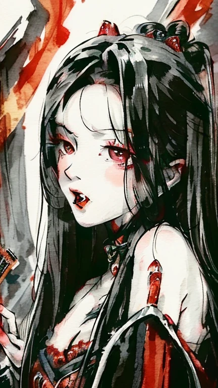 evang. watercolour and ink style, full length portrait. In a Chinese fantasy setting, a (mysterious (female (vampire))), (long (black hair)), (mouth open:1.2), fangs, cleavage, red eyes, holding a small silver dagger. traditional Chinese aesthetics. seductive.  black and vermilion