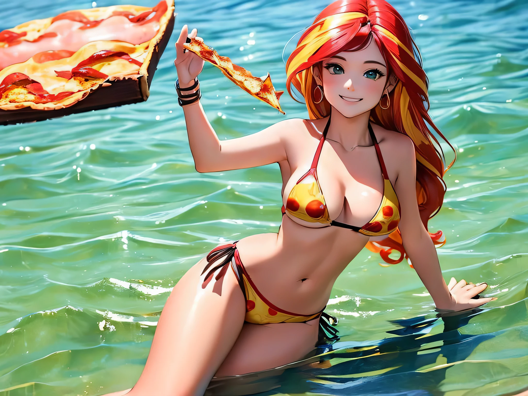 Sunsethuman, female, red and yellow hair, wavy hair, bikini, laying on a table, smiling, holding a sice of pizza