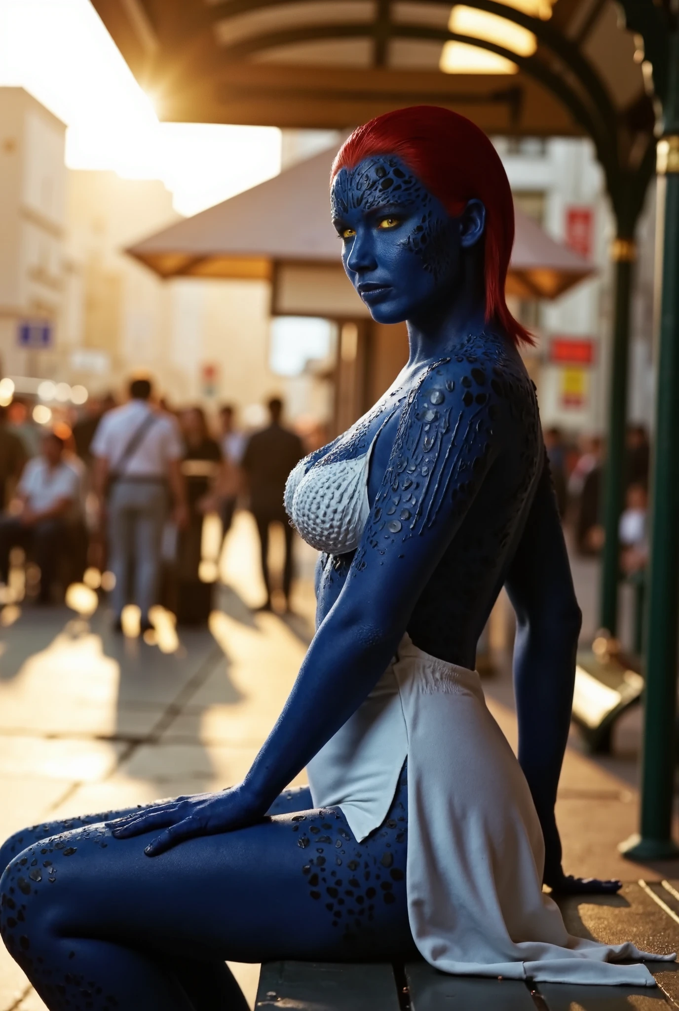 mystique, blue skin, yellow eyes, red hair. sexy pose, seductive, flirting, looking at viewer, elegant white dress, elegant white dress, elegant white dress, elegant white dress, cleavage, thigh, short skirt, sexy, sitting on bench, bus stop, outdoors, crowded, street, daytime, sun, flare