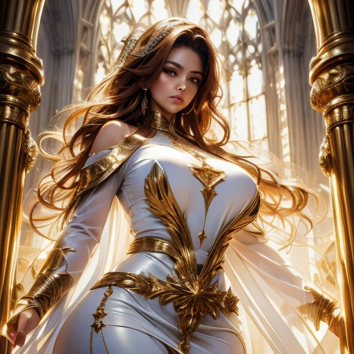a goddess with very long golden hair, was floating against the background of a heavenly atmosphere, with rays of light. her slender body with big tits and long legs, smooth white skin, a scarf coiled and floating around her wrist, her hair decorated with oriental ornaments typical of ancient China, her body wrapped in thin ancient Chinese clothing that clearly shows the curves of her body