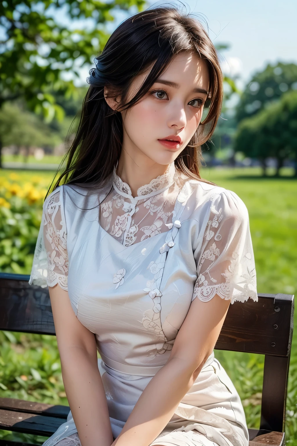 (best quality,4K,8k, high definition , Masterpiece :1.2), Ultra Detailed ,(Re
alistic,photoRealistic,photo-Realistic:1.37),Rough,High contrast, Model St
yle , Attractive poses, retro atmosphere , National park Background, Bright flowers ,Beautiful woma
n holding a bouquet of flowers and short sleeve lace Myanmar floral outfit dress, sitting on the bench