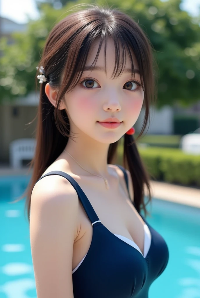 (8k、  RAW photos 、 top quality、 Masterpiece  :1.2)、( realistic 、 realistic :1.37)、(( )、一人の  girl、(Beauty、繊細な  girl:1.3)、(:1.3)、break、(  NAVY SCHOOL SWIMSUIT  :1.3)、break、  very detailed明瞭さ、(  symmetrical eyes:1.3)、break、(  school pool  、Outdoor:1.3)、break、  small breasts、  Brown Eyes  、  twin tails、  brown hair、  girl、break、(  eye and face detail :1.0)、break、( Masterpiece  、  top quality、  very detailed、  detailed face  、8k)