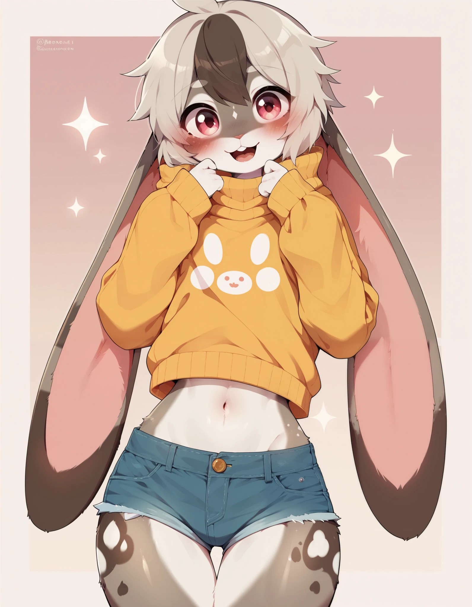 dagasi_style, score_9,score_8_up, score_7_up, Best quality , Very detailed illustration, (Anthropomorphic furry rabbit boy:1,7) , tousled voluminous hair, Playful look, Slim, ideal body, thin waist, wide hips, Simple drawing, Artifyber style, pastel flat colors, Cute, cartoon, sweater, short shorts