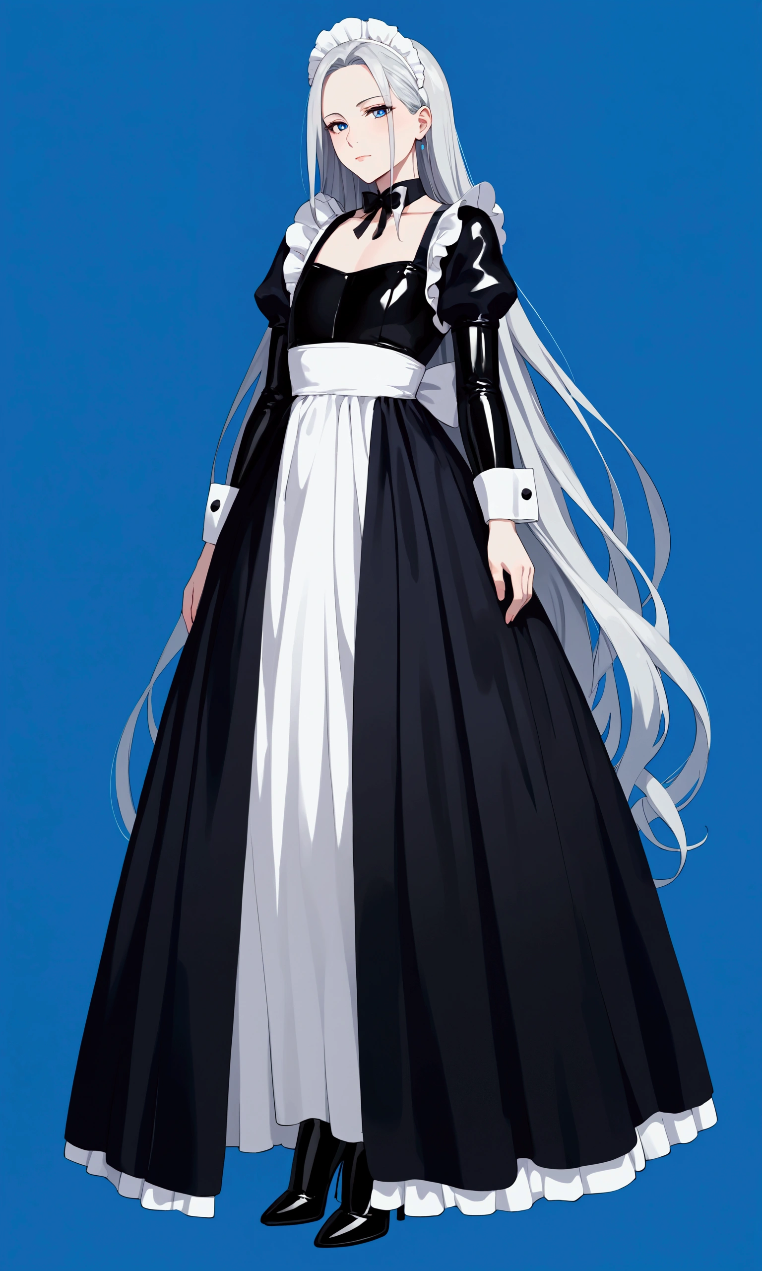 1woman,solo,female, mature++,30 years old, very long Straight hair, silver hair, beautiful detailed cold face, cold expression, no facial features, closed mouth, blue eyes, pale skin,black maid, maid Long skirt+++, pin heels, knee boots, black Clothes,very flat chest+, blue background,whole body, latex++++