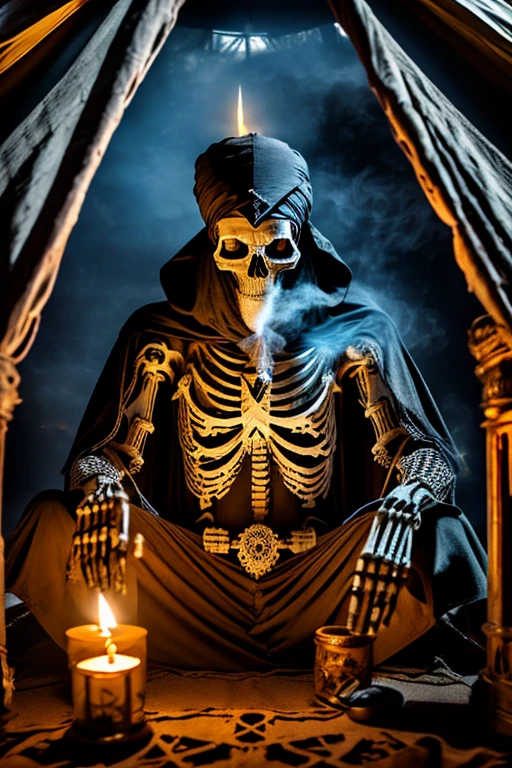 skeleton marabout in a tent, sitting cross-legged shadows, candles, smoke, smoking pipe, high contrast, turbin