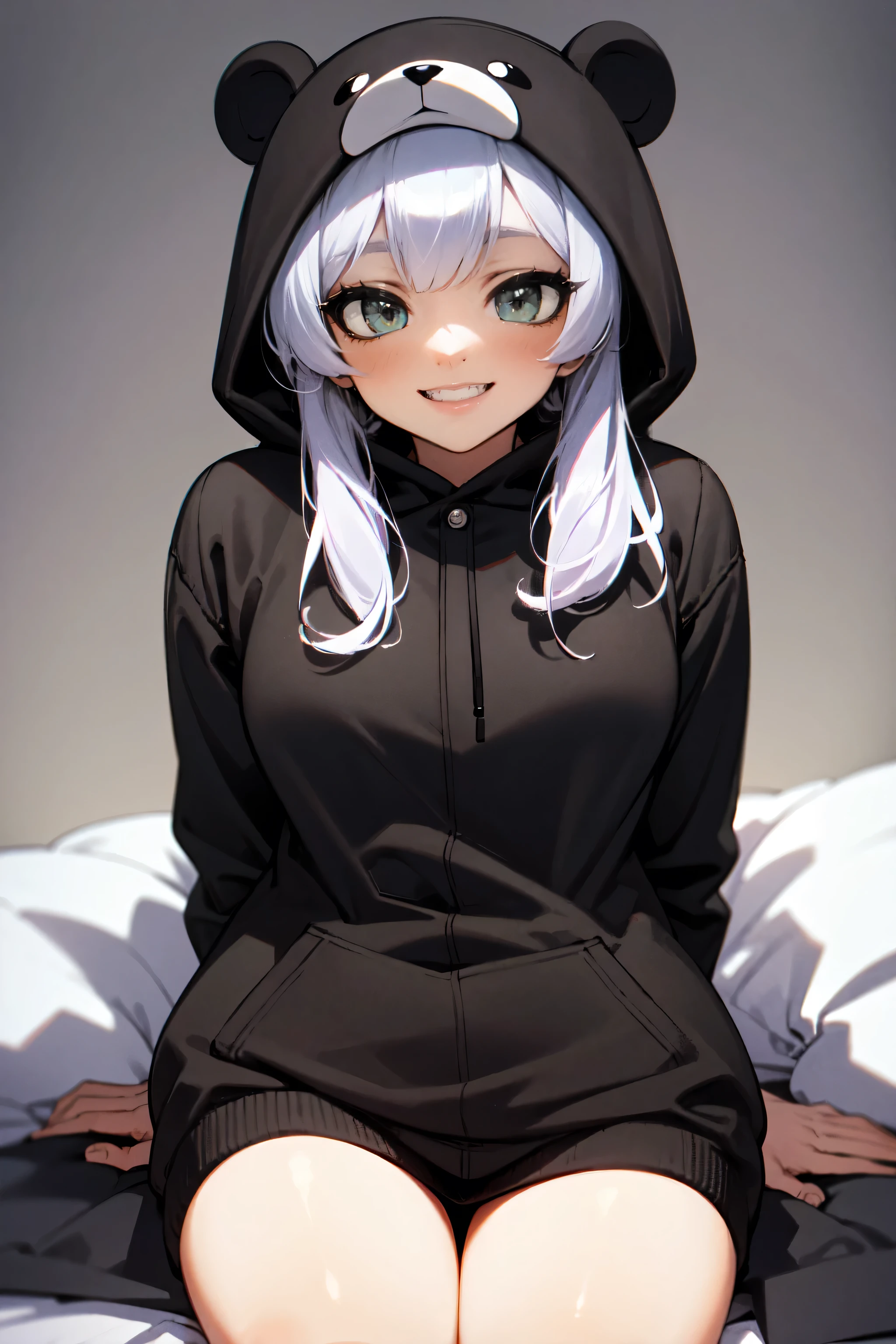 beautiful, (masterpiece), best quality, (extremely detailed face), extremely detailed eyes,  perfect lighting, OverallDetail, detailed, deep skin,textured skin,
,bear costume ,black bear costume, long sleeves, hood up,,mallow , long hair, green eyes, big smile,on bed ,sitting between pillows,
,