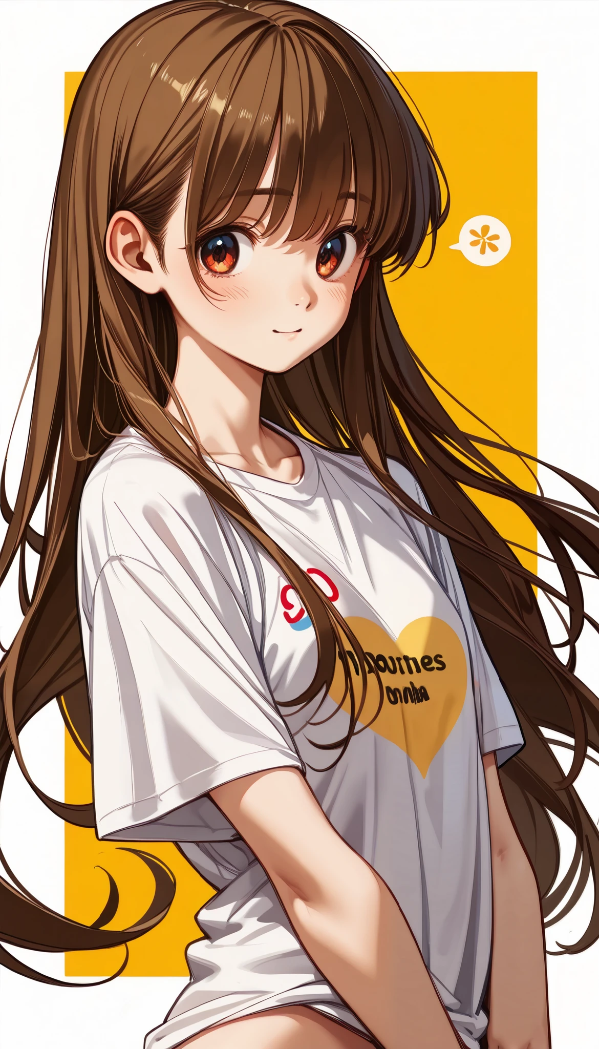 Geometric background :1.3、  dark color、  cute girl、Brown Hair、(((Straight perm、bangs、 straight hair:1.37、 straight long hair )))、 very long hair 、  Look Away 、Printed shirt、Picasso painting t-shirt 、  loose clothing  、Retro、 top quality、 super detailed、 High-quality details 、green