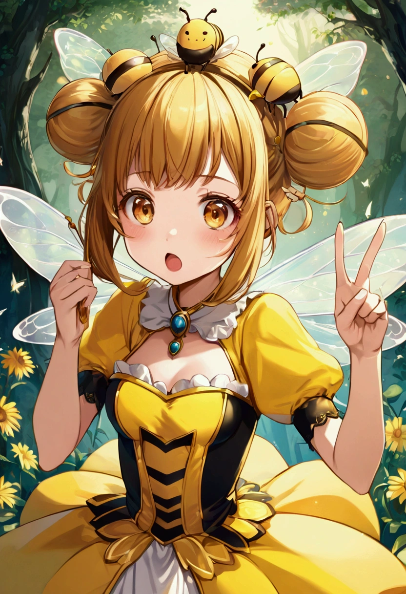 Anime illustration style, girl in cute Queen Bee costume, silly expression, This is cute fantasy art that looks like a fairy tale picture book, ultra detailed, absolutely resolution, masterpiece