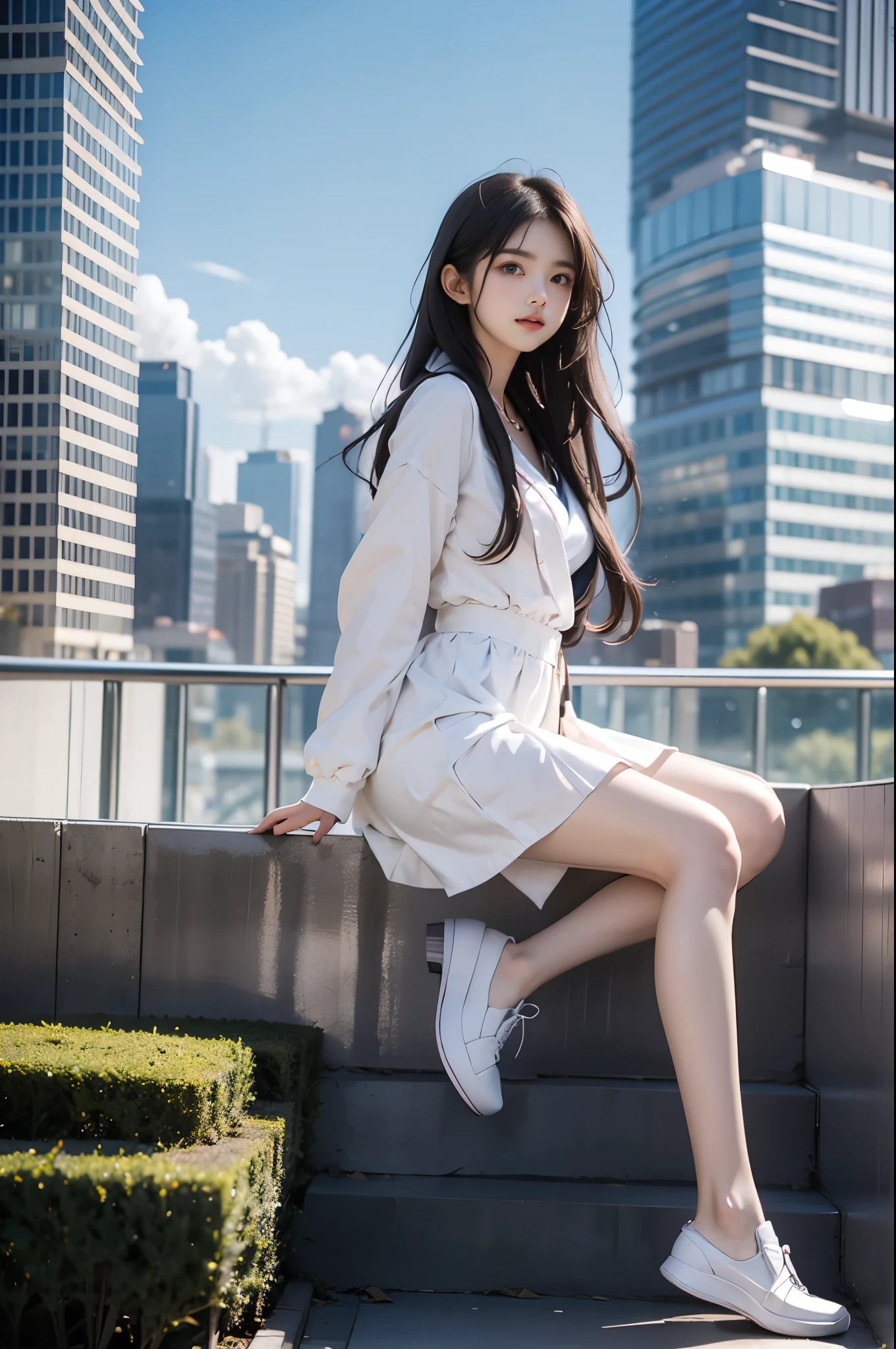 nogizaka_costume ((full body:1.2)), ((from side:1.2)), 1girl, (Beautiful long-legged model with a very short hemline that reveals smooth thighs), (Full breasts, visible cleavage), city skyline, blurred background, architectural, clouds, blue sky, depth of field, hoodie, looking up, shoes close to camera, from below, full body, lips, long sleeves, looking at viewer, motion blur, outdoor, parted lips, railing, sitting, sky, solo, stairs