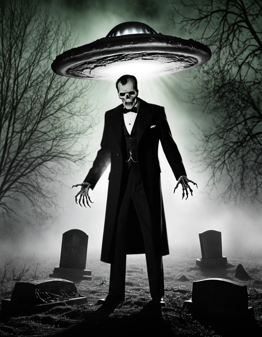 A foggy graveyard at night, with cracked tombstones scattered across uneven ground. In the foreground, a decayed zombie in a torn suit is crawling out of an open grave, its skeletal hands reaching forward::1.5. Behind it stands a tall alien figure in a retro-futuristic silver jumpsuit::1.5, holding a glowing circular control device emitting green light::1.5. Above the scene, a metallic flying saucer hovers, with its underside glowing and emitting beams of cold, white light::1.5, illuminating swirling mist. The background features twisted, leafless trees with claw-like branches. The entire scene is rendered in a high-contrast black-and-white film style, with dramatic shadows and heavy fog adding depth. Film grain texture and vintage sci-fi horror aesthetics complete the image.