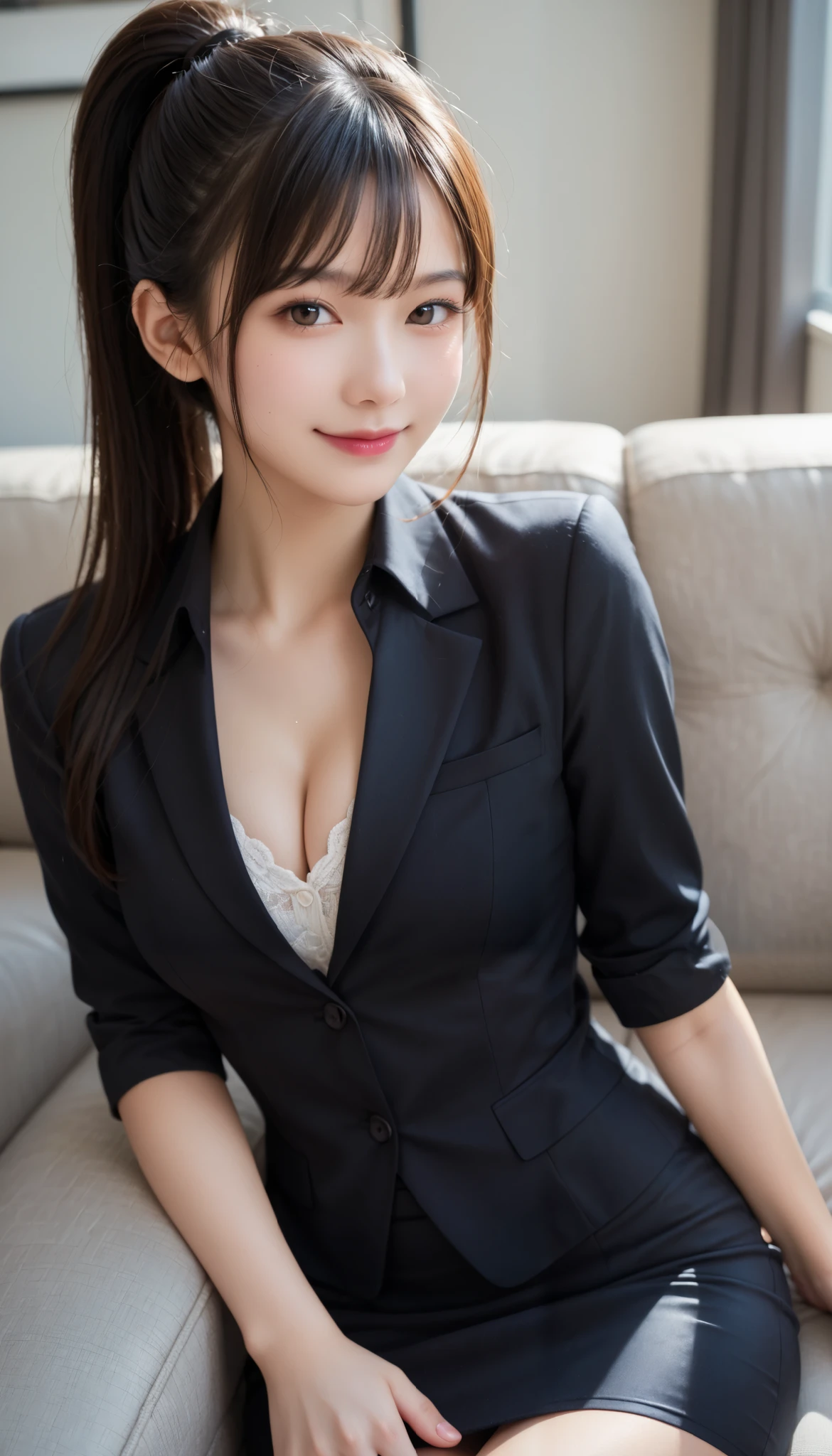 ((blazer、shirt、skirt、Highest quality、Masterpiece、High resolution))、(((Zoom photo from above)))、(Pose to invite a man、A shy smile:1.2)、One Woman, Cleavage、Trimmed bangs、Ponytail Hair、room