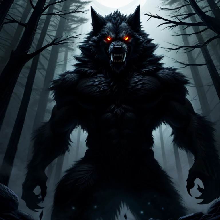 Macro werewolf with a detailed black furred body and amber glowing eyes with, snarling, fangs, towering over misty creepy forest background, shadowy aura, night time, portrait with shoulders and chest, semi side angle