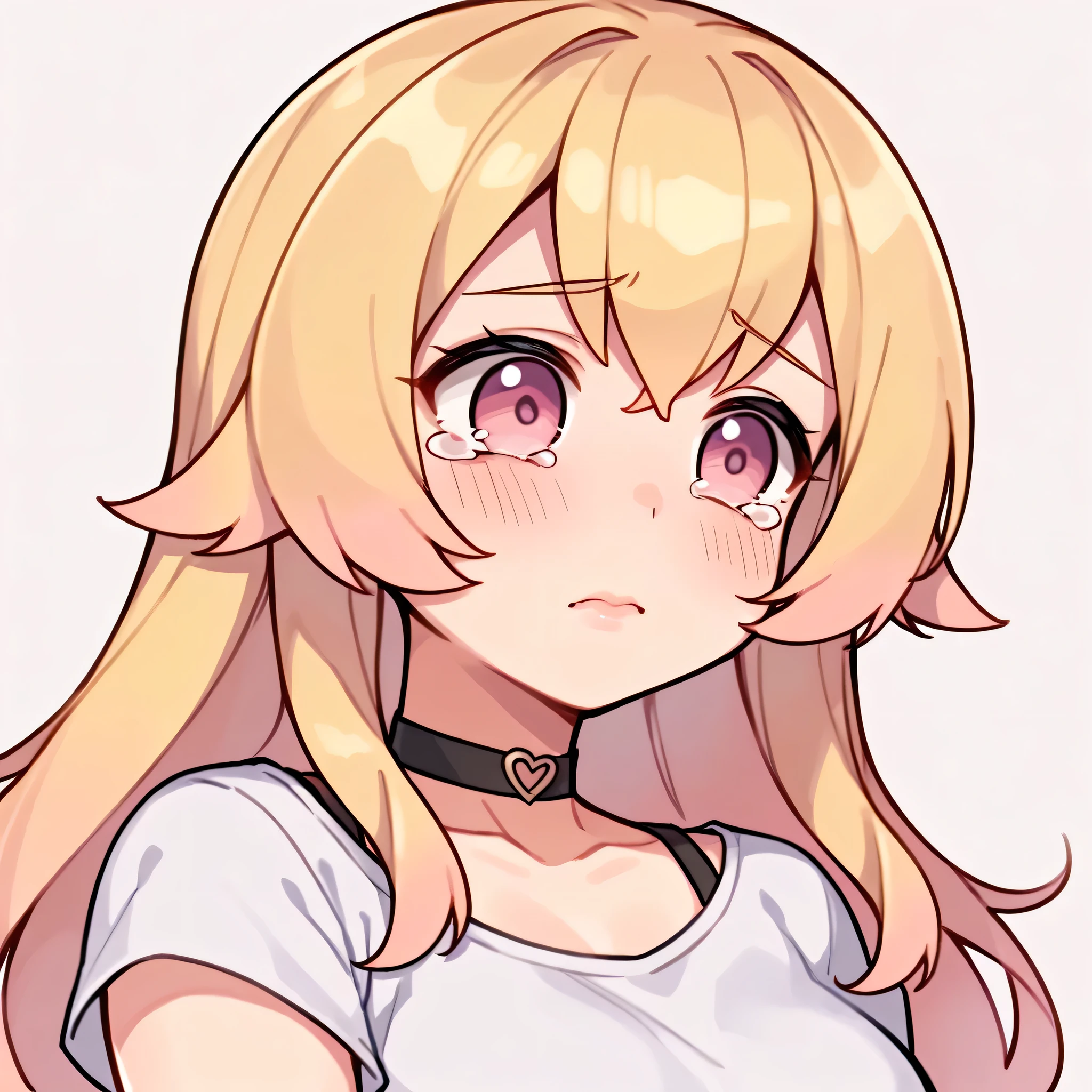 score_9, score_8_up, score_7_up, 1girl, (closeup), sad, ((tears)), crying, anime waifu, waifu, ((portrait)), illustration, ((2d)), ((curvy)), ((twitch emote)), (((cute face))), ((long hair)), bangs, blonde pink hair, ((blonde and pink hair)), ((blonde hair)), gorgeous pink eyes, big eyes, anime eyes, eyeliner, long lashes, soft and full lips, choker, jewelry, crop top, (Jelly Art Style:0.2), ((anime style:0.8)), (((white background))), twitch emote,