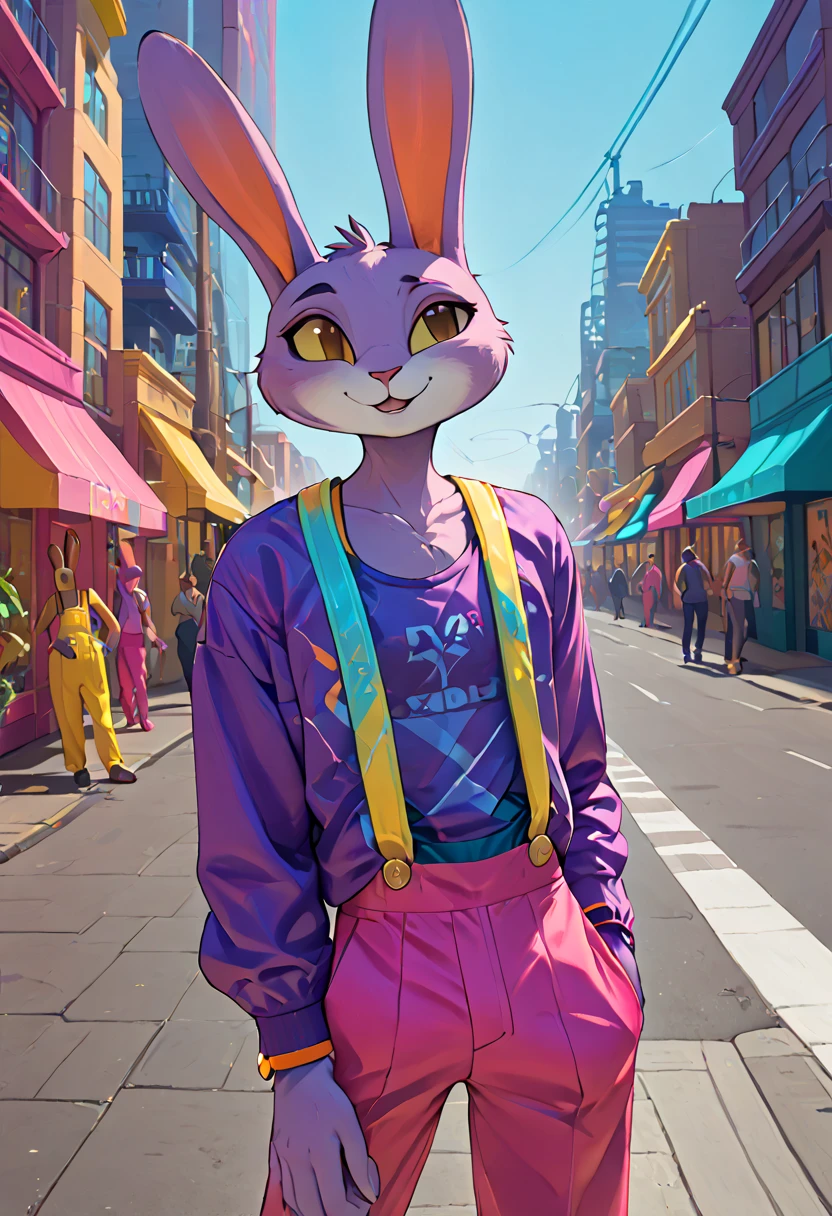 OC, rabbit,bunny,male,sexy,skinny,smirk expression,street outfit, vibrant colors and tone,street urban background