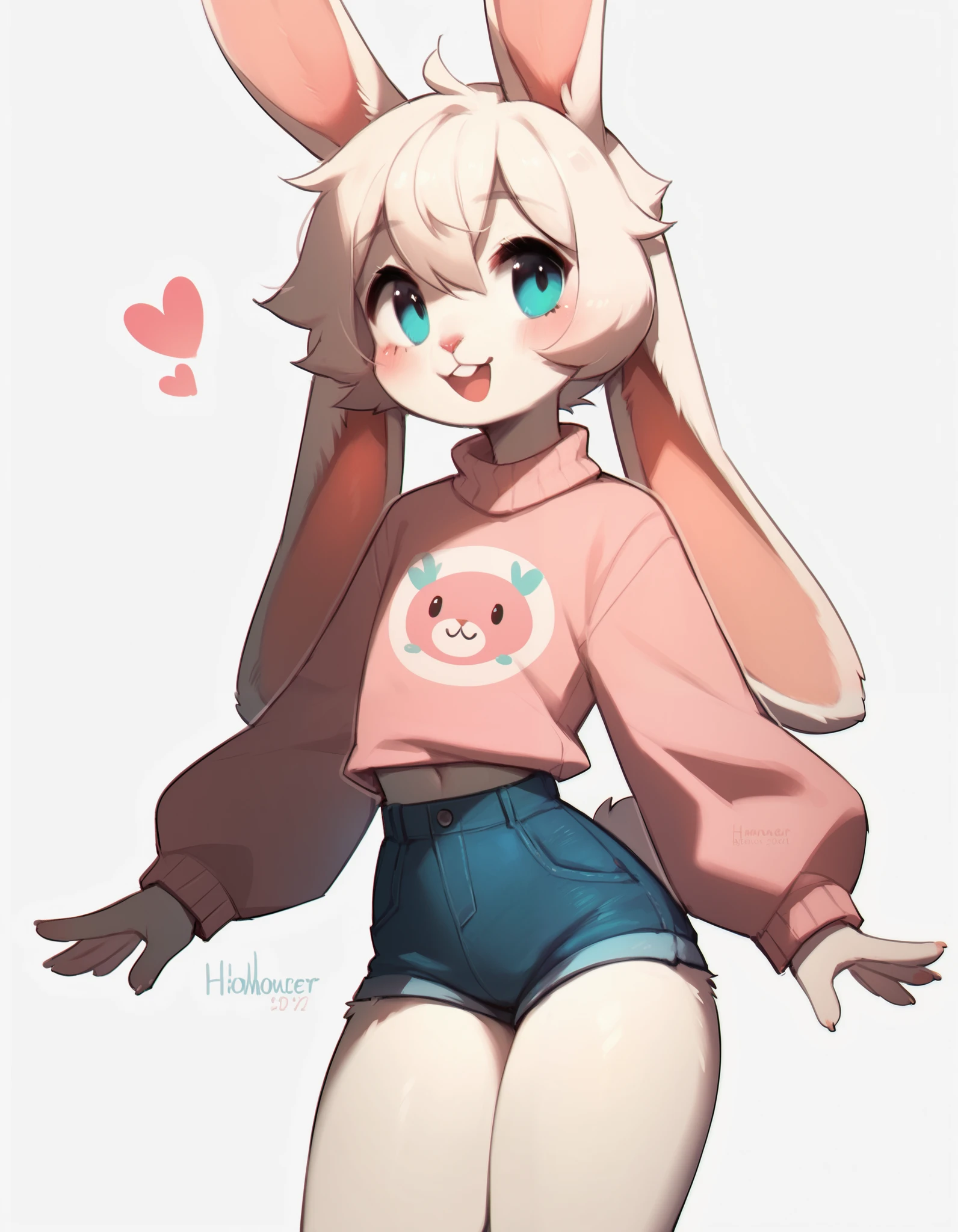 4RCH0N, score_9,score_8_up, score_7_up, Best quality , Very detailed illustration, (Anthropomorphic furry rabbit boy:1,7) , tousled voluminous hair, Playful look, Slim, ideal body, thin waist, wide hips, Simple drawing, Artifyber style, pastel flat colors, Cute, cartoon, sweater, short shorts