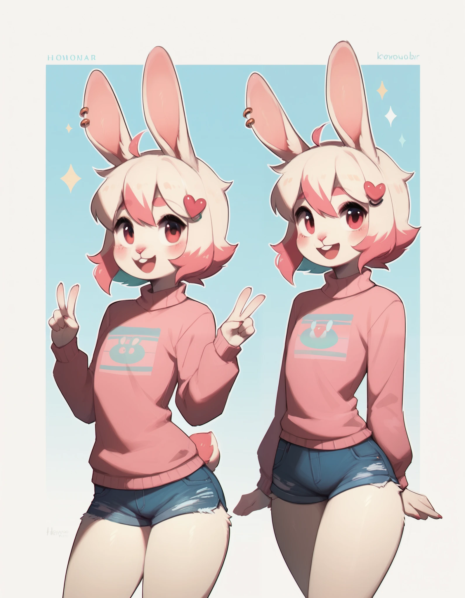 4RCH0N, score_9,score_8_up, score_7_up, Best quality , Very detailed illustration, (Anthropomorphic furry rabbit boy:1,7) , tousled voluminous hair, Playful look, Slim, ideal body, thin waist, wide hips, Simple drawing, Artifyber style, pastel flat colors, Cute, cartoon, sweater, short shorts