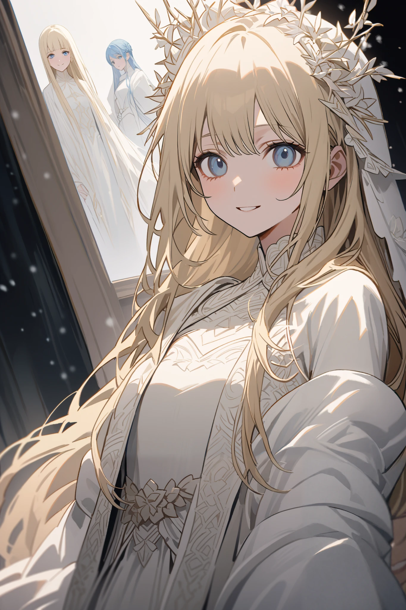long golden straight hair、 It's a delicate illustration of a girl with a young face {x}、 beautiful detailed light blue eyes 、 I'm wearing white bride clothes 、 I'm smiling at the photographer 、 snow is scattered all over the screen 。 The background is ivory 、 it's a soft, minimalist style 。 The artwork is detailed 、Elegant、It calms my mind 