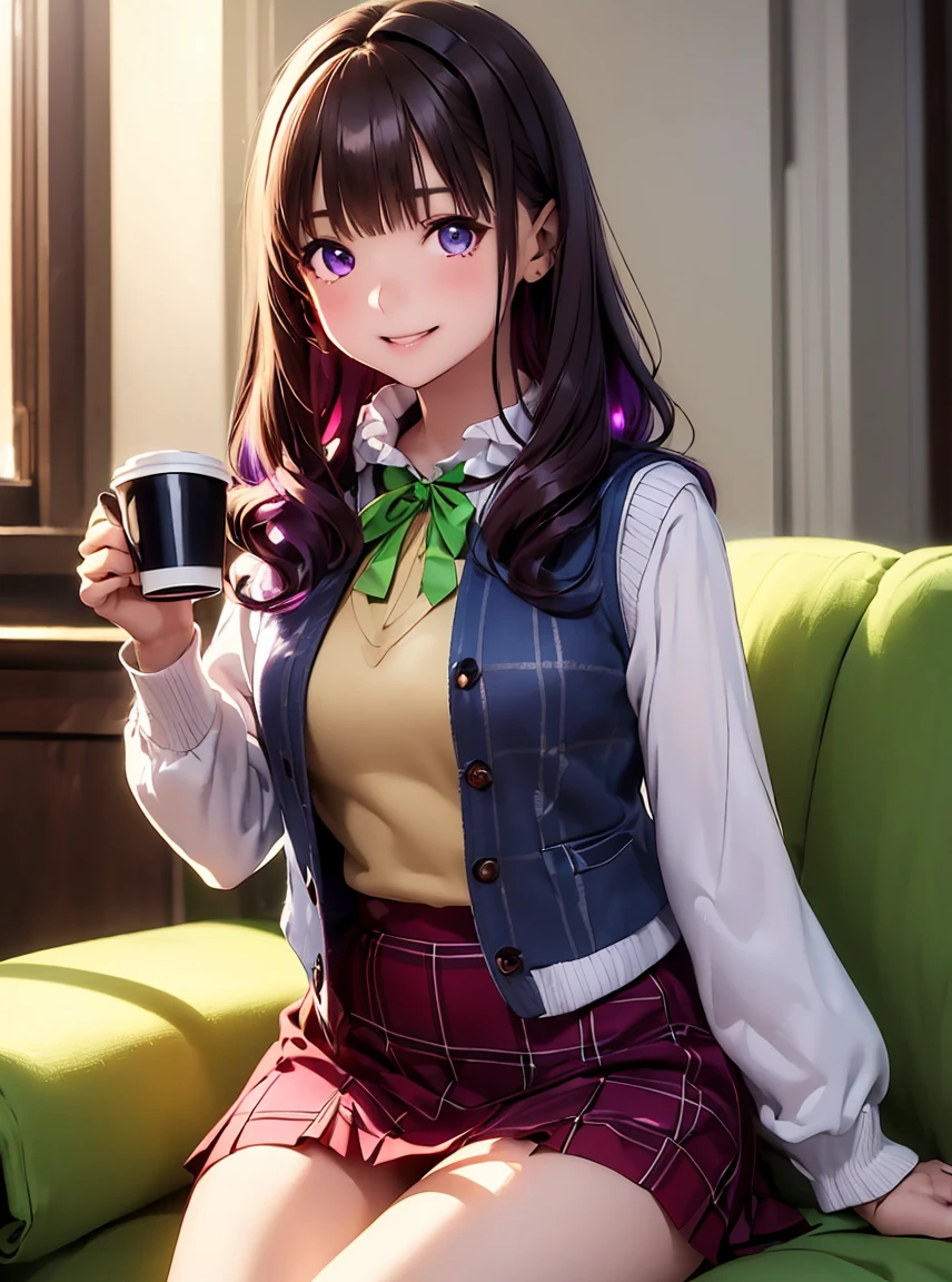   High Definition ,In 8K,  top quality ,  Details, semi-realistic anime , D-anime style ,  Smooth Anime CG  ,  one girl,  19-year-old Japanese woman , ((Beauty)),  slim,modeling,(( Round Glowing Eyes )),(( antique)),(( wavy hair with bangs )),(((Mary Magdalene))),(( Maroon Sparkling Hair )), ((white long sleeve with ruffle collar )),((Light green knit vest )),(( purple and yellow tartan check skirt)),(( I'm relaxing in the living room )),((Sit on the gray sofa)),((( I'm holding a coffee cup in my hand ))), pink lips,  shiny brown hair ,  Detailsな顔,Beautiful and  Details,(( deep blue-purple shining eyes )),((Open your mouth)),(Smile),(( viewers))