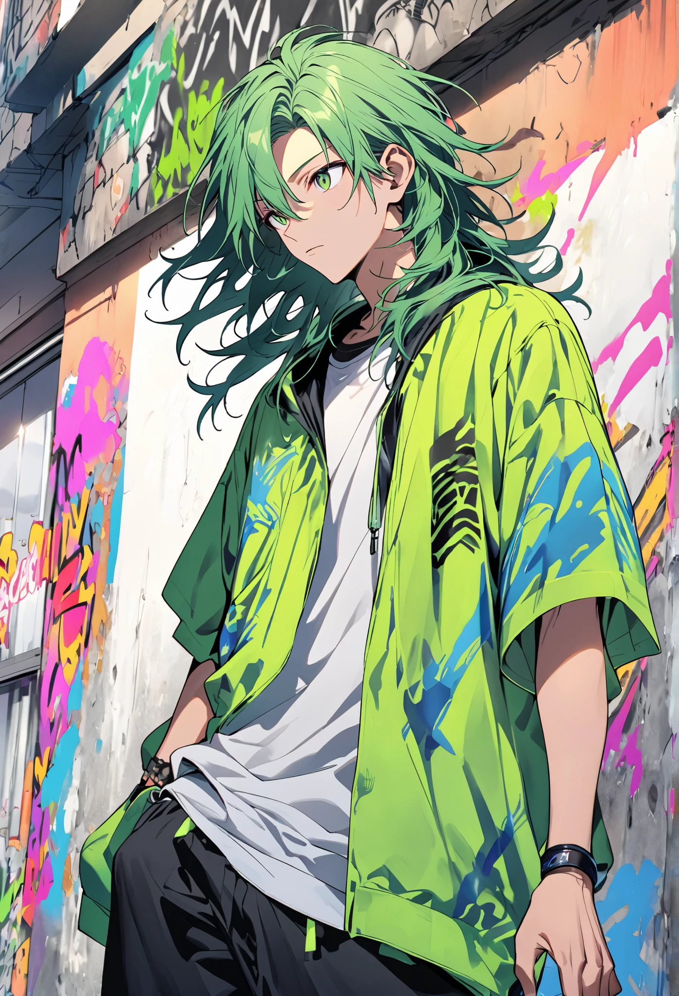 One Man Neon Green Street Fashion Oversized Vivid Accent Color Relaxed Look Graffiti Style Design Moving Hairstyle Casual Item Creative Energy