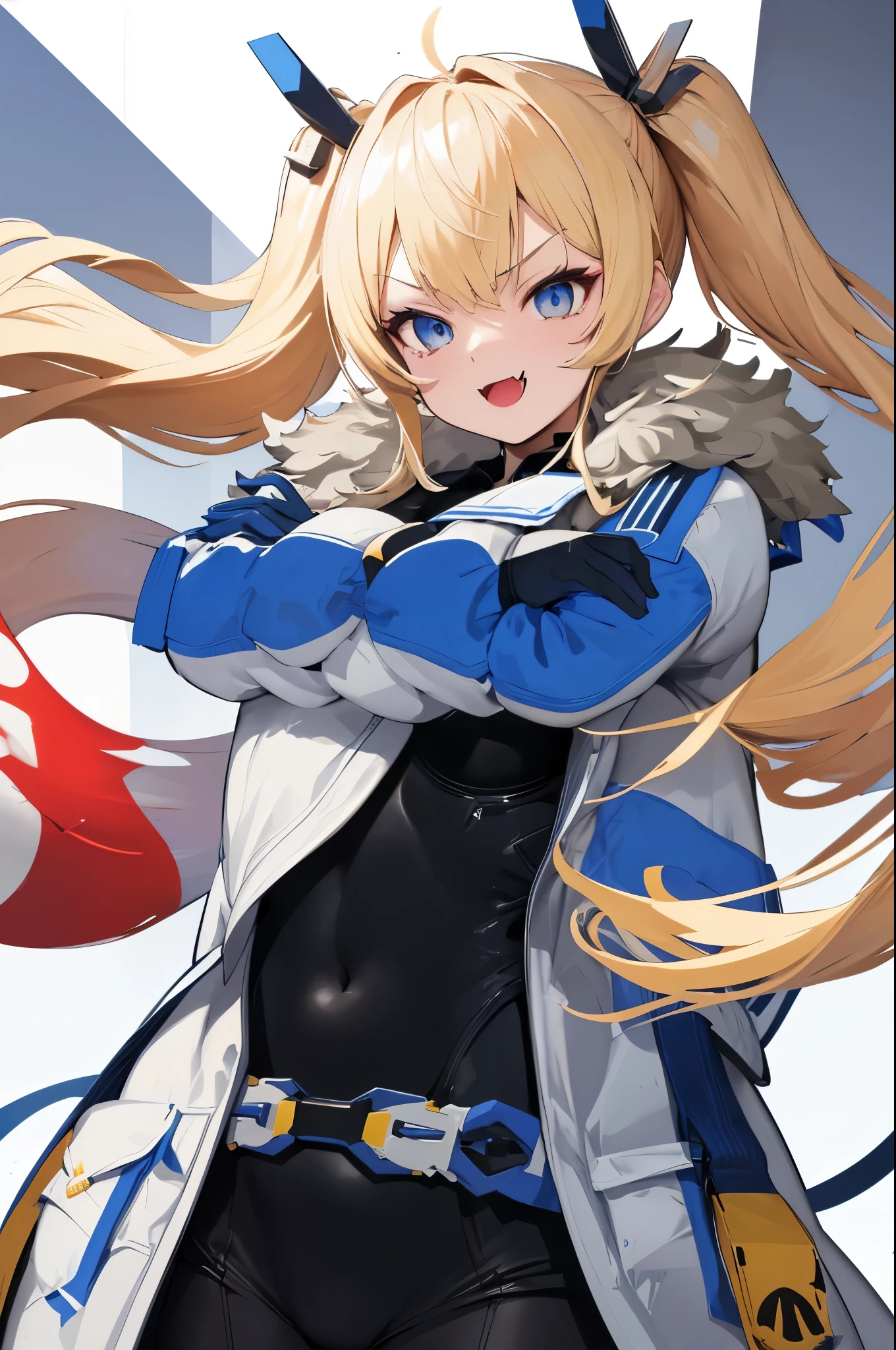 1petite_girl,masterpiece, highest quality,laplace,hair ornament, belt,white_front_open_coat_on_black_bodysuit,fur trim, gloves, blue boots,(upper body),open mouth,(crossed arms),(Standing in honor),big_Smile, smug_face, laugh,open_mouth,fang, bandage_on_cheek,:3 ,navel,groin,