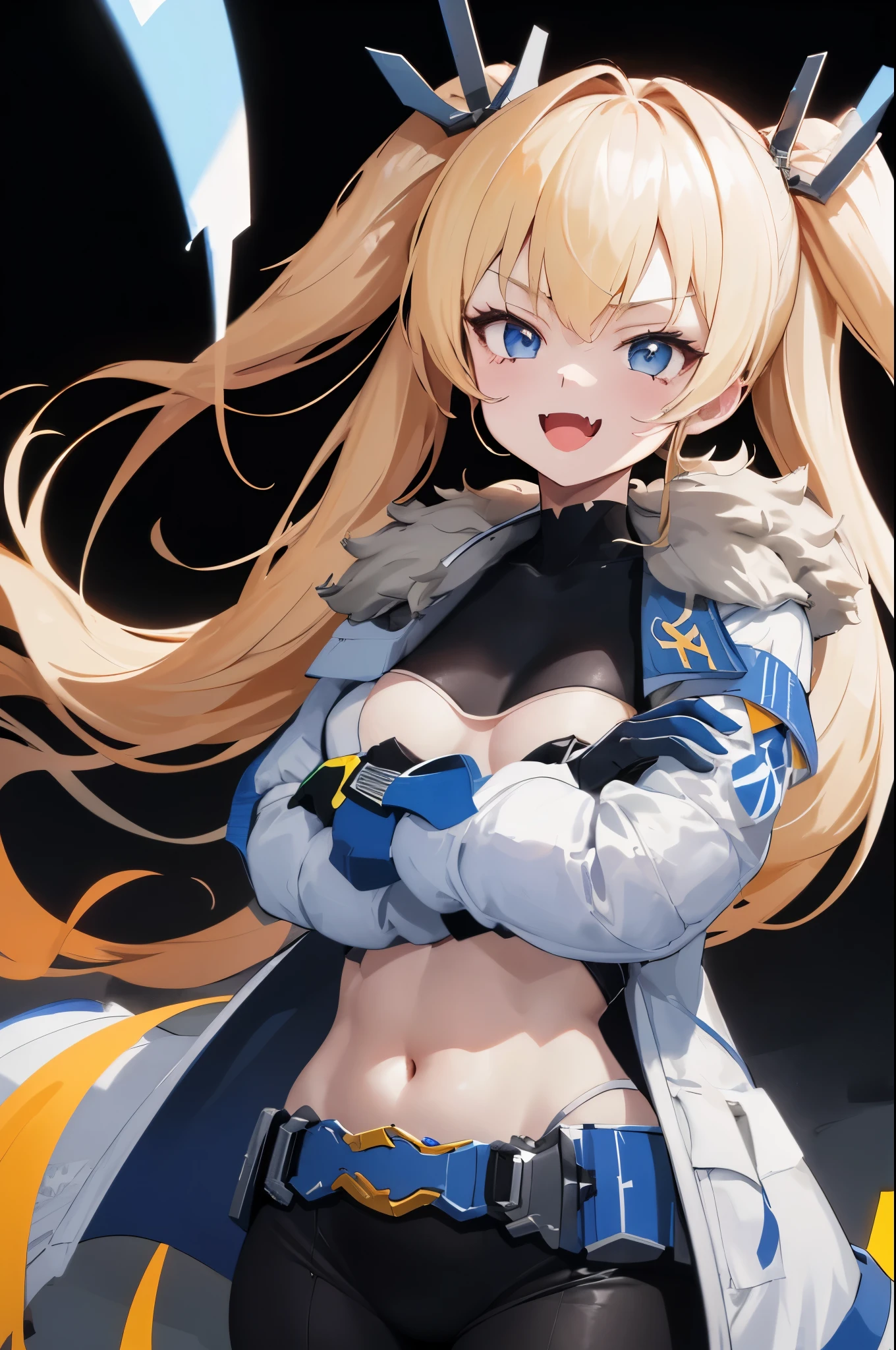 1petite_girl,masterpiece, highest quality,laplace,hair ornament, belt,white_front_open_coat_on_black_bodysuit,fur trim, gloves, blue boots,(upper body),open mouth,(crossed arms),(Standing in honor),big_Smile, smug_face, laugh,open_mouth,fang, bandage_on_cheek,:3 ,navel,groin,