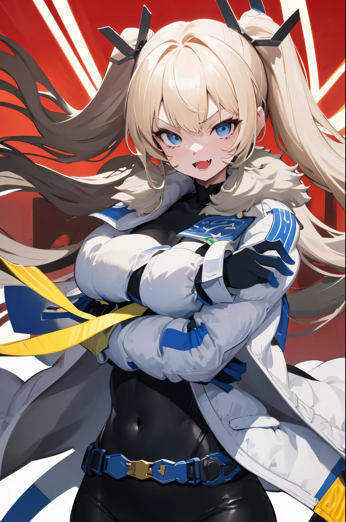 1petite_girl,masterpiece, highest quality,laplace,hair ornament, belt,white_front_open_coat_on_black_bodysuit,fur trim, gloves, blue boots,(upper body),open mouth,(crossed arms),(Standing in honor),big_Smile, smug_face, laugh,open_mouth,fang, bandage_on_cheek,:3 ,navel,groin,