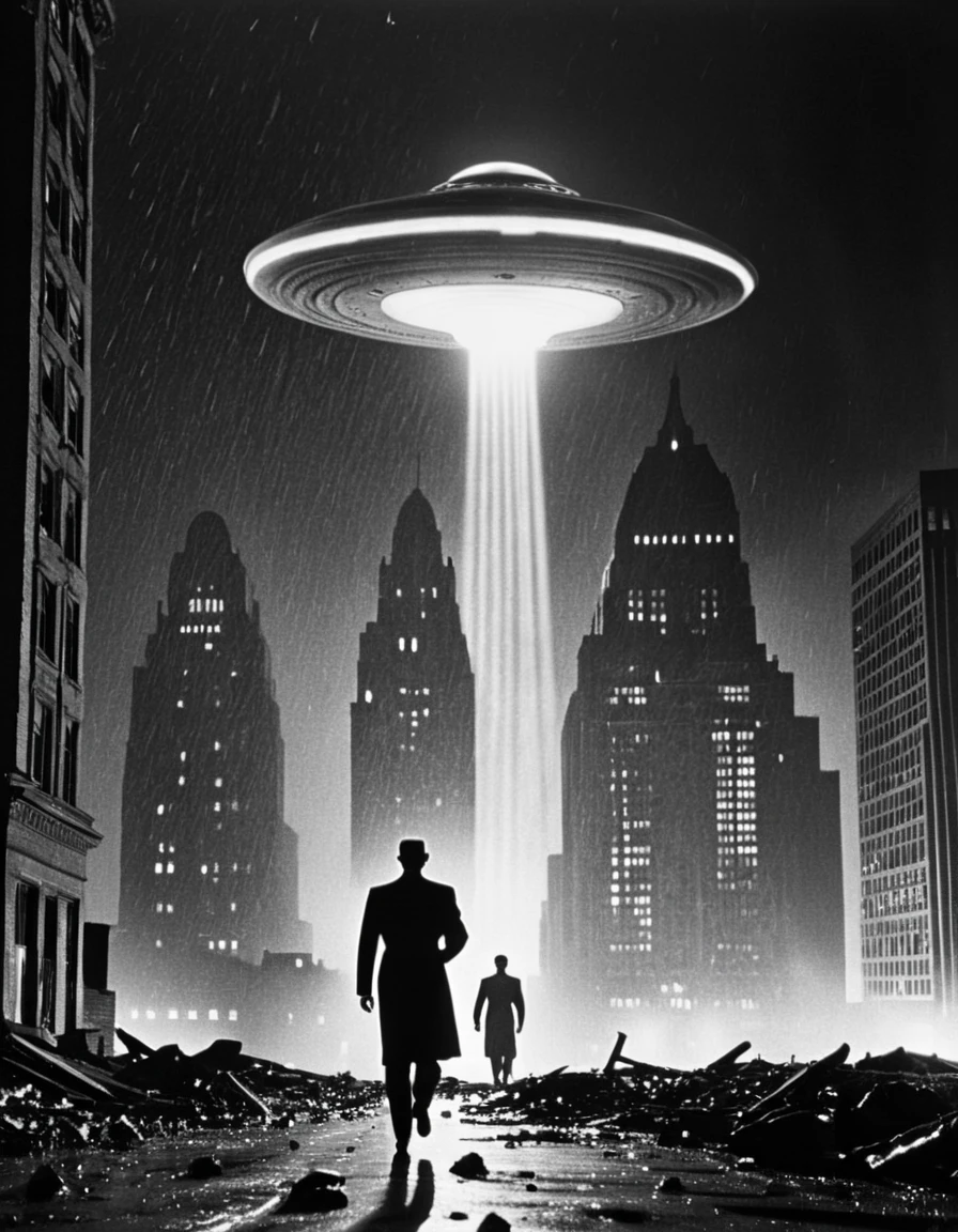 A retro-futuristic 1950s city under a dark, starless sky, with towering skyscrapers illuminated by beams of light from multiple hovering flying saucers::1.5. In the foreground, a sleek metallic UFO emits a destructive laser beam::1.5, slicing through a tall building, causing debris to rain down onto panicked citizens below. Silhouettes of people running in terror::1.5 are scattered across the streets. A shadowy alien figure stands atop a crumbled rooftop, holding a glowing control device with blinking lights. The flying saucers are sleek, with rotating edges and pulsating neon lights. The entire scene is rendered in high-contrast black-and-white, with dramatic lighting, heavy shadows, and grainy film texture evoking the retro charm of 1950s sci-fi movies.