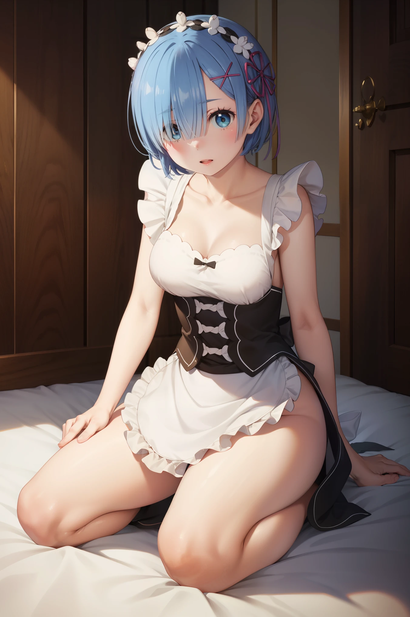 Masterpiece, best quality, extremely detailed artwork, award winning, 16k resolution, illustration.
(hyper-realistic:1.4)
(medium shot:1.5) (Night, night time:1.4)

Rem from rezero, (remrin), blue hair, short hair, (hair over one eye:1.3), blue eyes, large breasts

intricate lace, white thighhighs, big breasts, 

NSFW, (NAKED BREASTS:1.5), ((undressing panty pull:1.5)), looking at viewer, strongly ashamed, embarrassed, blushing, sexy, leaning forward

Indoors, castle, bedroom, big window, nighttime, moon