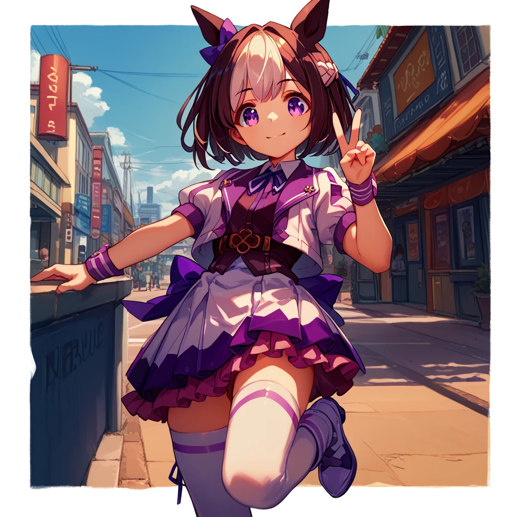 best quality, absurdres, masterpiece, 
special week \(Uma Musume\), 
smiling, making a V sign, ear bow, purple bow, puffy short sleeves, neck ribbon, blue ribbon, cropped jacket, white jacket, two-tone jacket, collared shirt, white shirt, purple vest, wristband, wrist cuffs, white skirt, pleated skirt, two-tone skirt, frilled skirt, frills,  zettai ryouiki, white thighhighs, white footwear, purple footwear, asymmetrical footwear, mismatched footwear, high heels,Sprinting