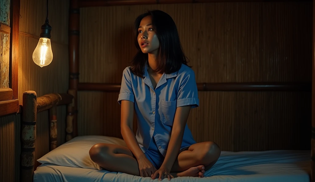 ((ultra-realistic photo)) [A 17-year-old Indonesian girl with a fair, smooth complexion, her face showing a look of shock, sits on a simple bed in blue pajamas. She sits near a bamboo-framed window, her wide eyes reflecting surprise. The room is rustic and modest, with bamboo walls characteristic of traditional Indonesian homes. The bed is simple, and the surroundings are unadorned, emphasizing the simplicity of the space. A faint, warm glow from an old, worn-out lightbulb casts soft shadows across the room, enhancing the quiet, intimate atmosphere. The darkness of night outside adds to the sense of mystery and surprise. The room feels isolated and peaceful, yet the girl’s expression adds a sense of tension. The scene is captured in a medium shot, rendered in ((8K HDR)), with highly detailed textures of the bamboo walls, the soft lighting, and the girl's emotional expression, creating a highly realistic and immersive atmosphere.]