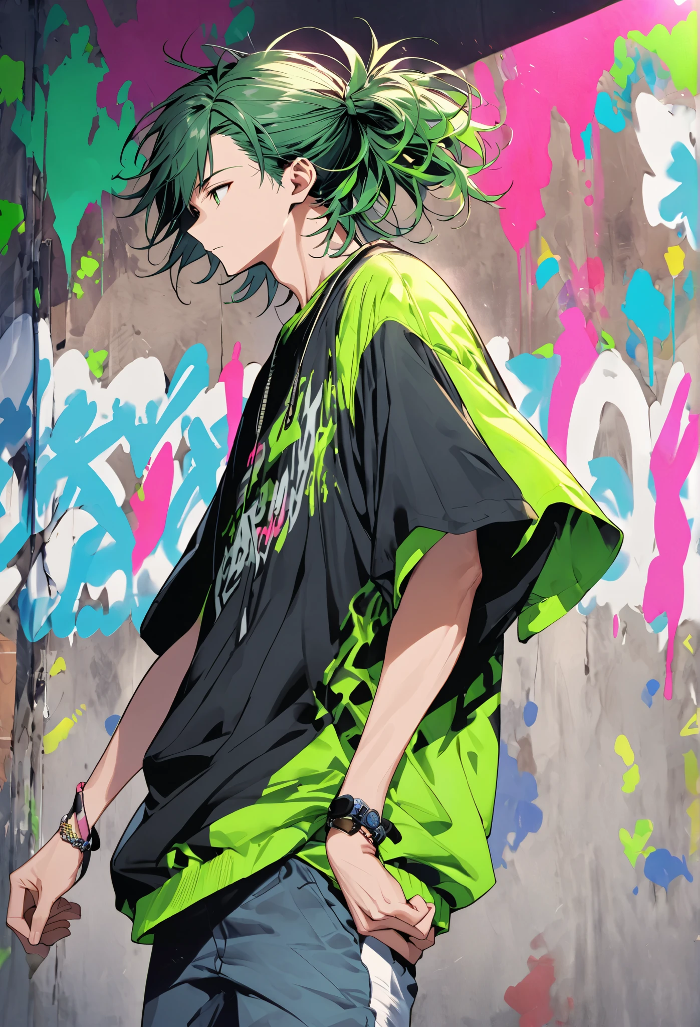 One Man Neon Green Street Fashion Oversized Vivid Accent Color Relaxed Look Graffiti Style Design Moving Hairstyle Casual Item Creative Energy