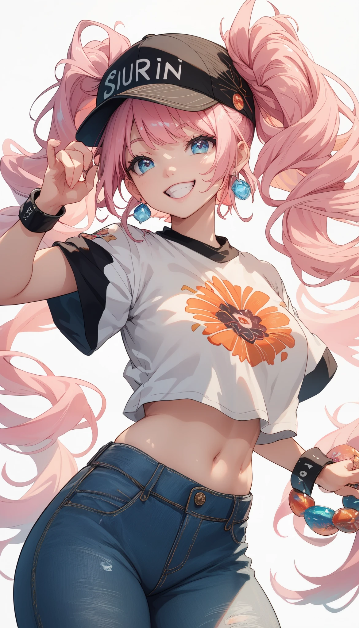 A young woman with straight, pink hair in twin tails, the length reaching just above her chest. She wears a black knit hat without a brim, and light blue cross-shaped earrings (✝️). Her eyes are a warm orange color, creating a striking contrast with her hair. Her outfit consists of a black long-sleeve T-shirt, cropped to reveal her midriff, paired with jeans. She has a gentle and kind smile standing in a centered pose against a plain, white background. Ultra-detailed, sharp focus, soft lighting, character-centered, (((white background))).
