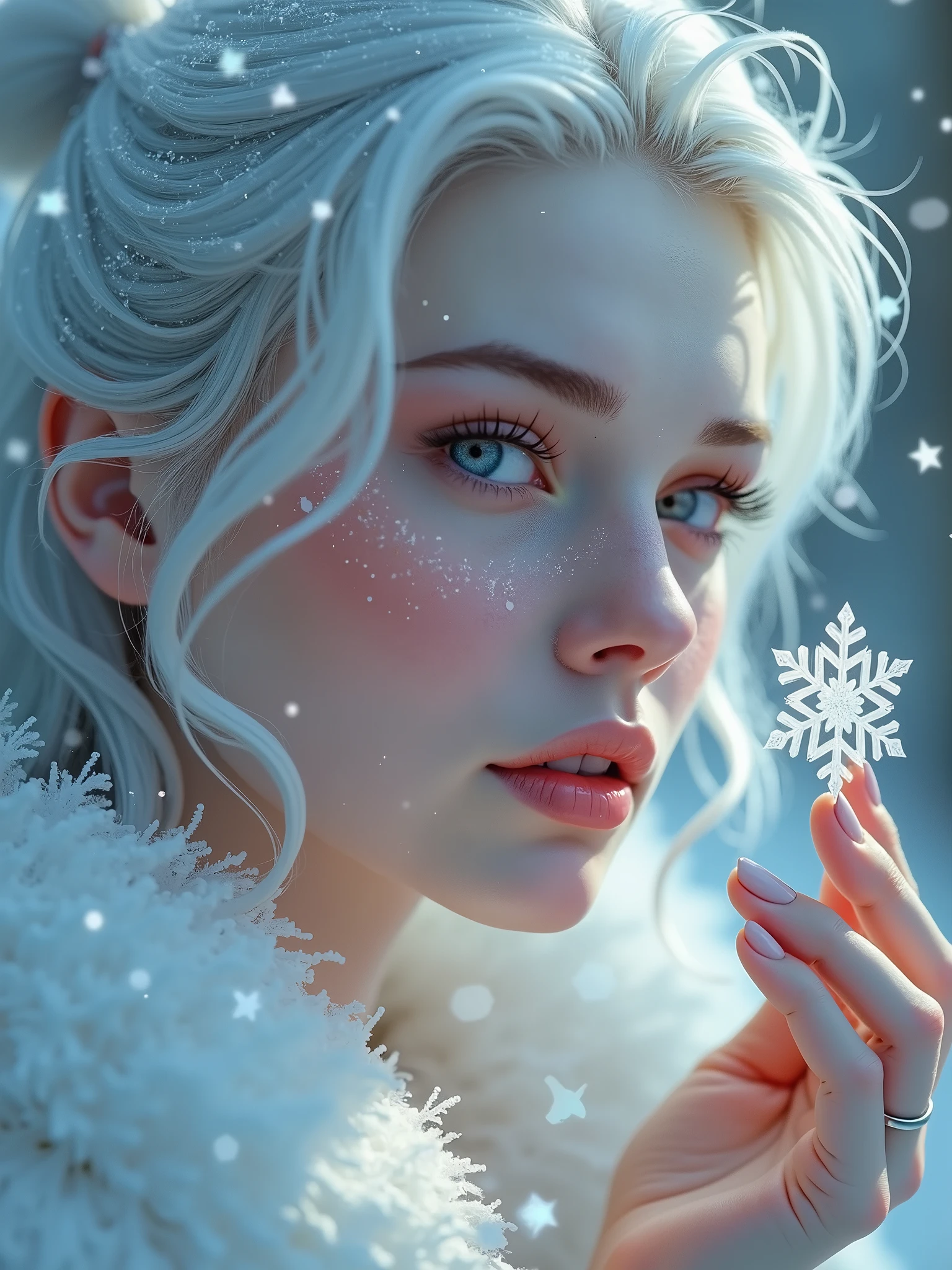 3/4 Portrait of a woman, 25-year old, fit, straight blonde hair, light green eyes, white turtleneck sweater, surrounded by fog, outstretched hand surrounded aura of frost, snowflakes floating, (slight smile), (hand reaching out towards viewer), photorealistic, high res, particle effects, raytracing