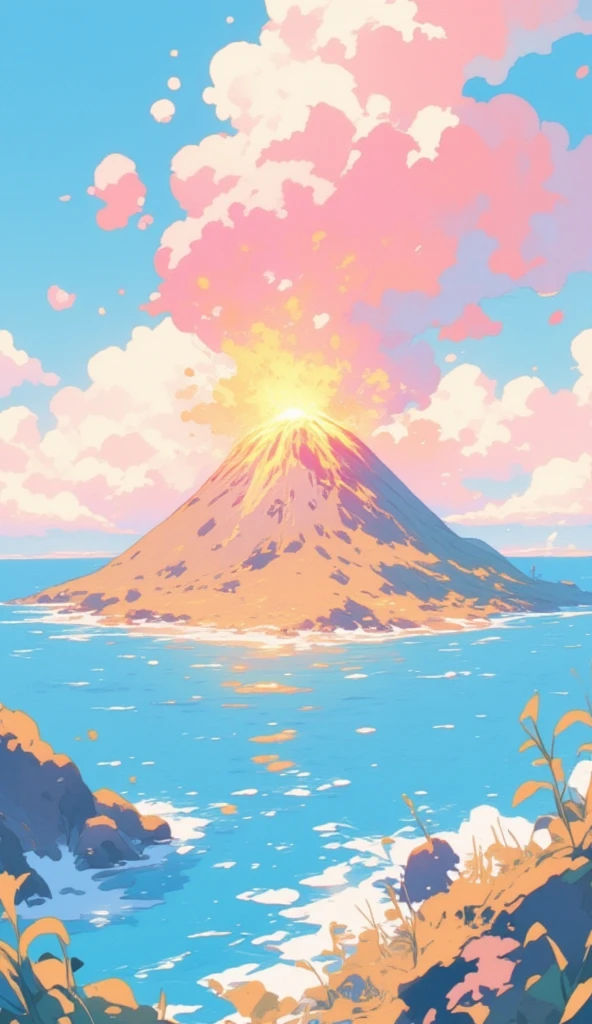 A cute illustration of a volcano with a cute expression and tiny arms on the side. The volcano is erupting. As it erupts, the volcano squints and blushes red as it erupts, while holding its tiny fists at the side. The volcano is situated on an island surrounded by the beautiful sea. The illustration is pastel-colored, giving it a cute and playful expression. The overall color palette is bright and cheerful, with soft pinks, blues, and yellows, creating a fun, lighthearted atmosphere. The entire scene feels charming and magical, as if the volcano is part of a whimsical, fantasy world.
