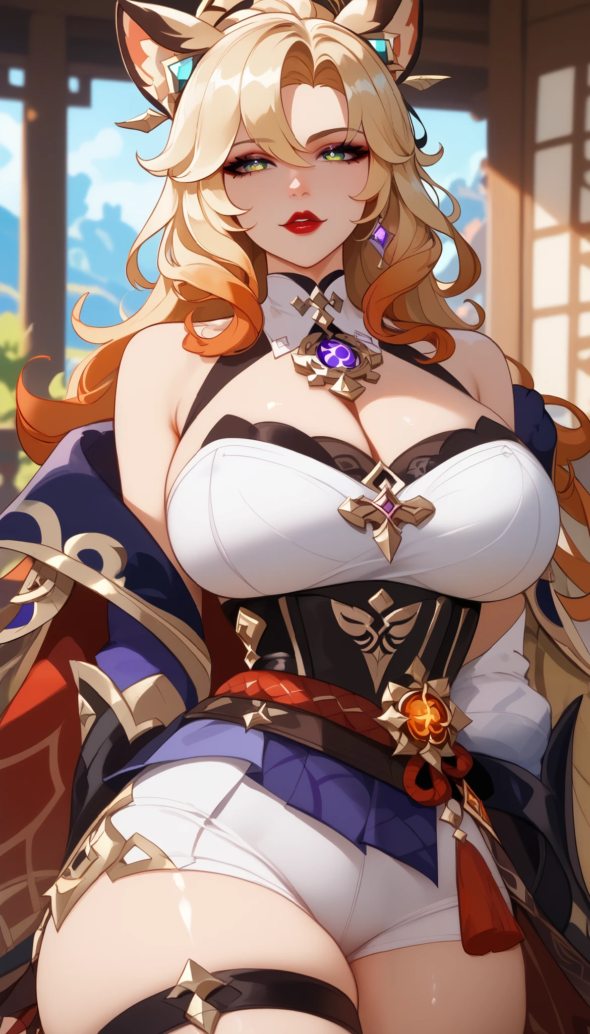  perfect eyes、 perfectly sexy face、 ultra detailed、ultra perfect eyes、 animal ears 、xilonen、Genshin Impact、shiny hair、( Big breasts ), showing cleavage、Tight Waist、 thin waist 、 Thigh straps 、 shiny skin、pele morena、Beleza、erotic、 red lips 、series、 looking at the spectator、