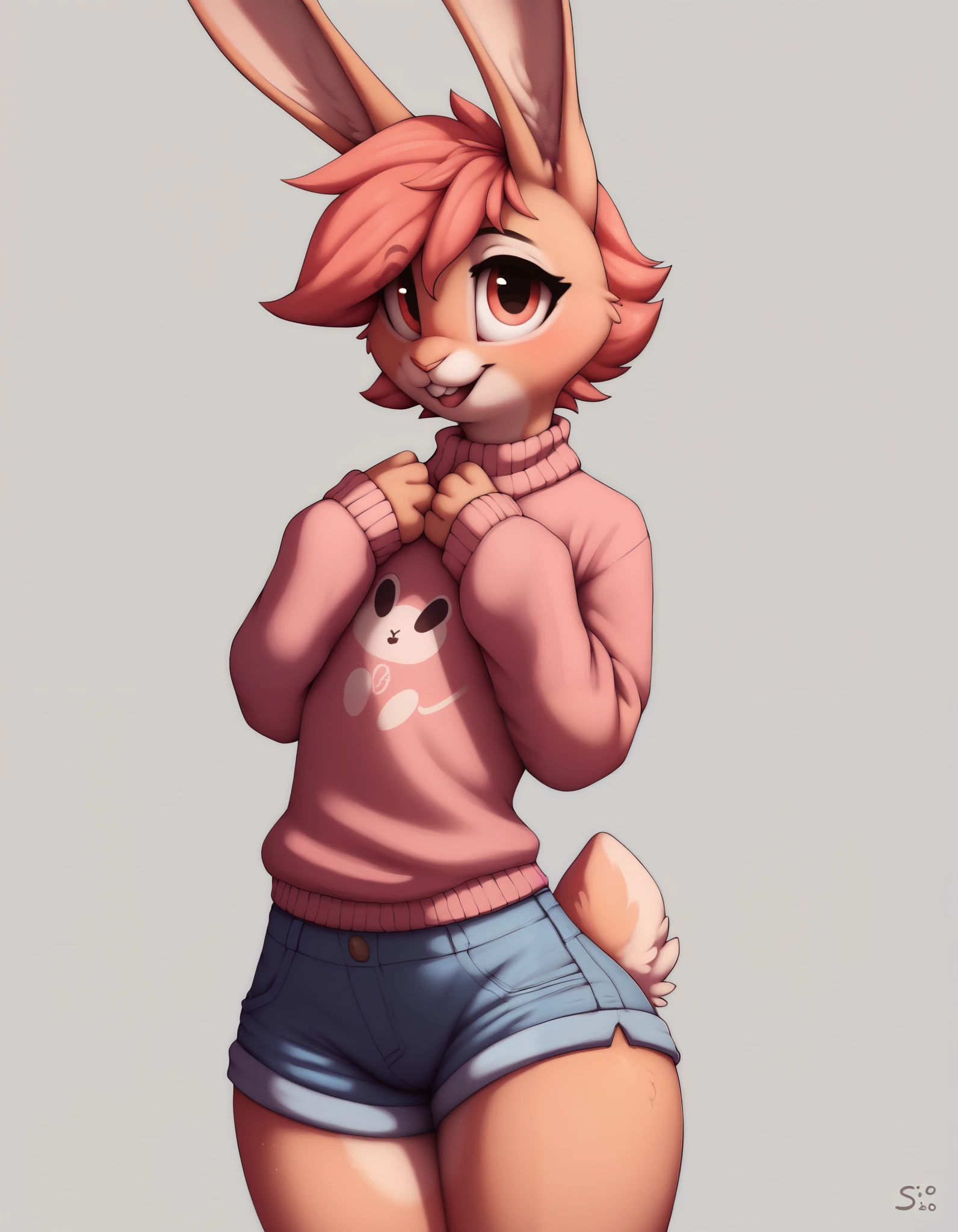 PDV6XL, by s1m, score_9,score_8_up, score_7_up, Best quality , Very detailed illustration, (Anthropomorphic furry rabbit boy:1,7) , tousled voluminous hair, Playful look, Slim, ideal body, thin waist, wide hips, Simple drawing, Artifyber style, pastel flat colors, Cute, cartoon, sweater, short shorts