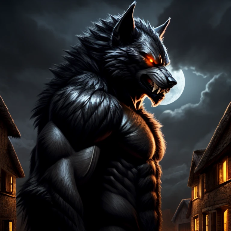 50 meter huge werewolf with a detailed black furred body and amber glowing eyes with, snarling, fangs, towering over the houses of a village, night time, portrait with shoulders and chest, semi side angle,