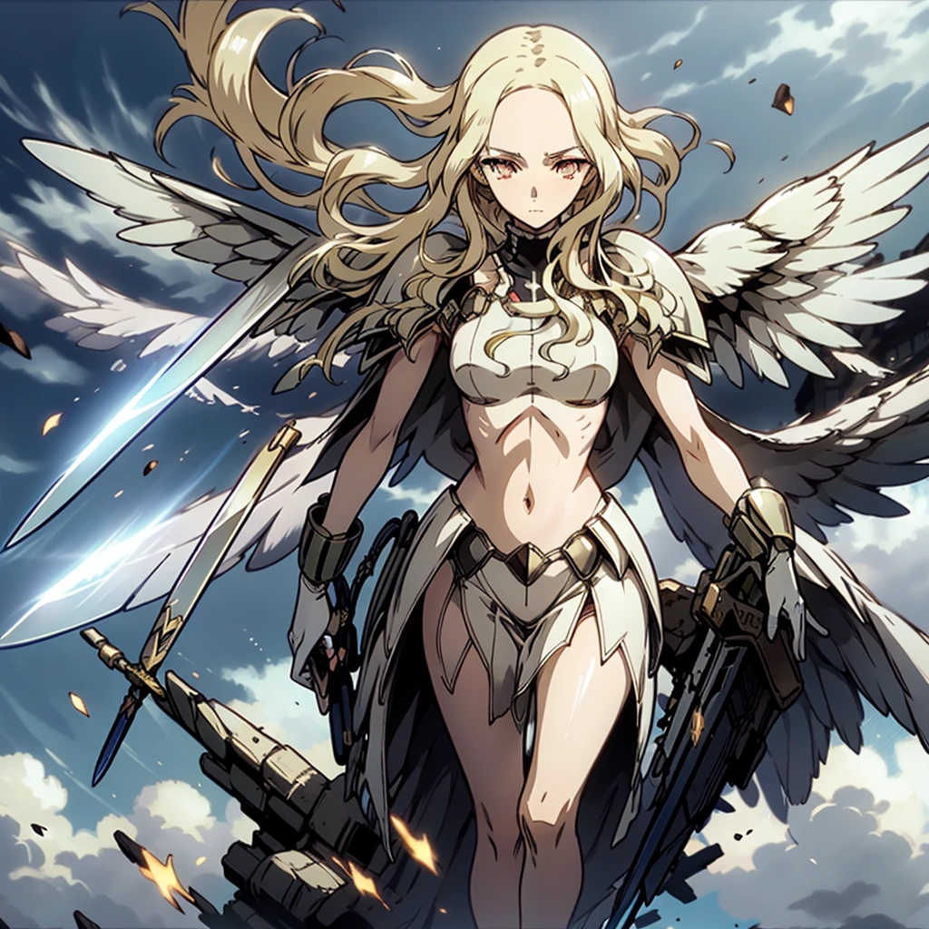    top quality,   golden eyes , Front View ,   looking at camera, Big white wings，Giant Sword    ,  Spread your wings and float through the air   ,barefoot   ,           cold eyes,Dust dances  ,Solemn,(solo),   Details,  Damaged Equipment ,  clear eyes 