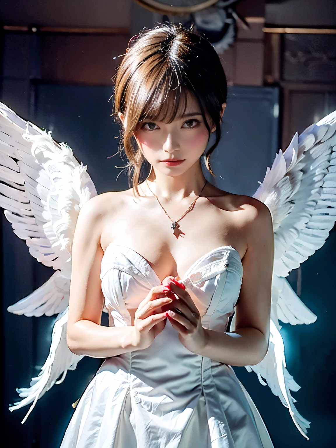  Masterpiece  , (  top quality:1.2), [:  complex details :0.2],   1 girl ,  Big Breasts , Angel, Angel wings,  White frills, (Daytime sky), Shining circle of light, Concentration ,   crackling energy ,    inexplicable symbols   , Glowing particles,