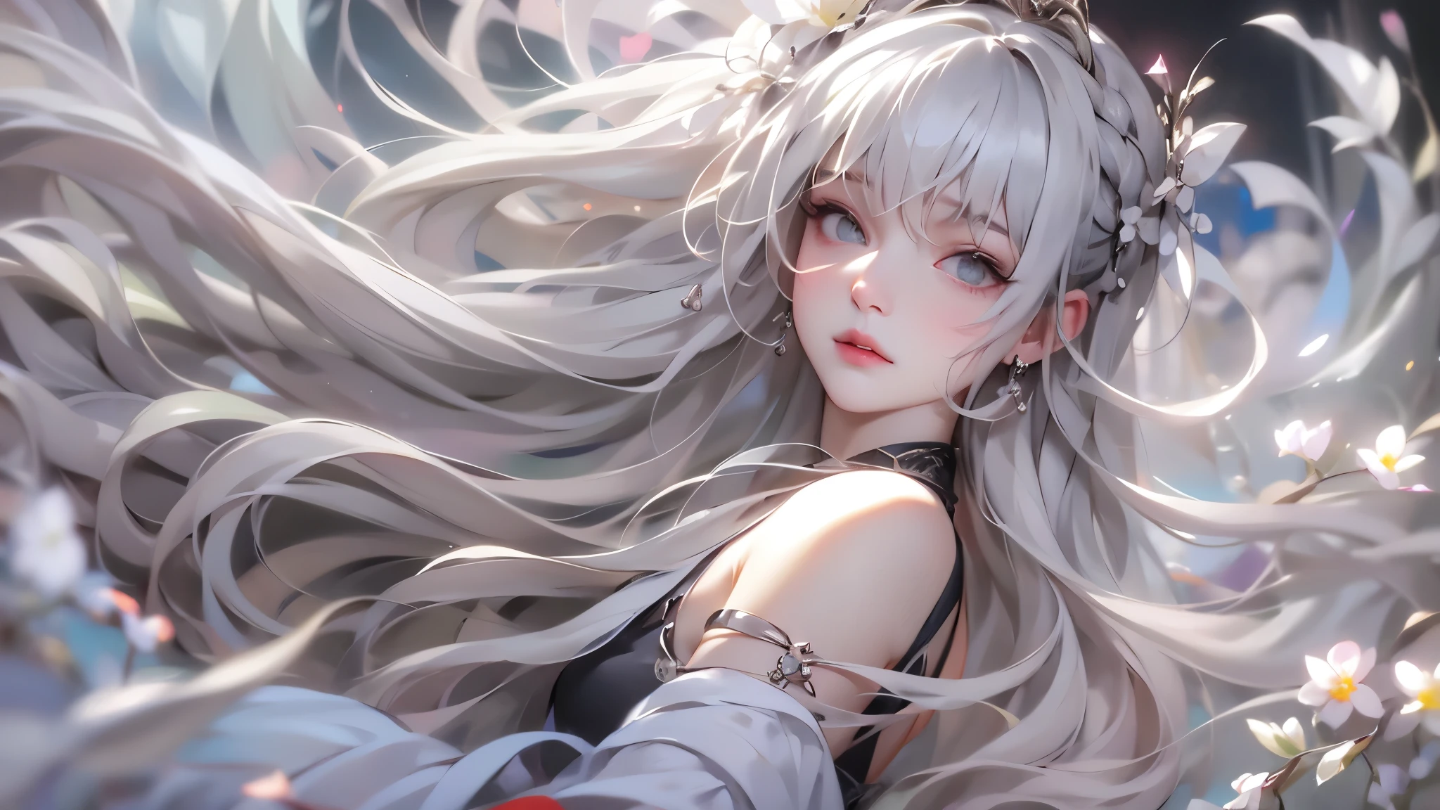 super high quality, masterpiece, Perfect illustration, Very detailed (Exquisite light and shadow, Very dramatic photo,Backlight) , ((Gray Hair:1.5))1 Girl,(( alone:1.6)), (Wearing Han clothes, Black and white Hanfu,Monotony,Long sleeve) Flower Field, Flowers, (White smoke:1.3) (Realistic:1.4), Zen Intertwining, Tangled, Official Art, unity 8k wallpaper, Very detailed, Beautiful and beautiful, masterpiece, Highest quality, (Dynamic Angle: 1.4), Glowing Skin, (Floating colorful flashes: 1) The most beautiful chaotic shapes, elegant, Brutalist Design, Bright colors, Romantic Depth of Field Exotic_dance, half_naked、（Expose your shoulders、large breasts、Beautiful cleavage）
