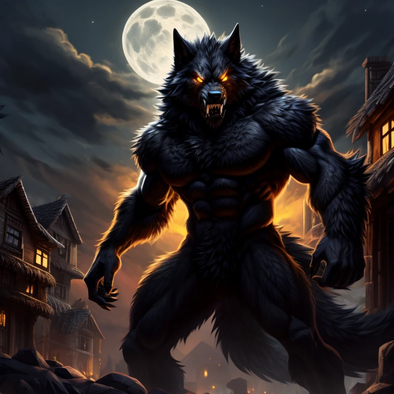 50 meter huge werewolf with a detailed black furred body and amber glowing eyes with, snarling, fangs, wolf tail, towering over the houses of a village, night time, portrait with shoulders and chest, semi side angle,